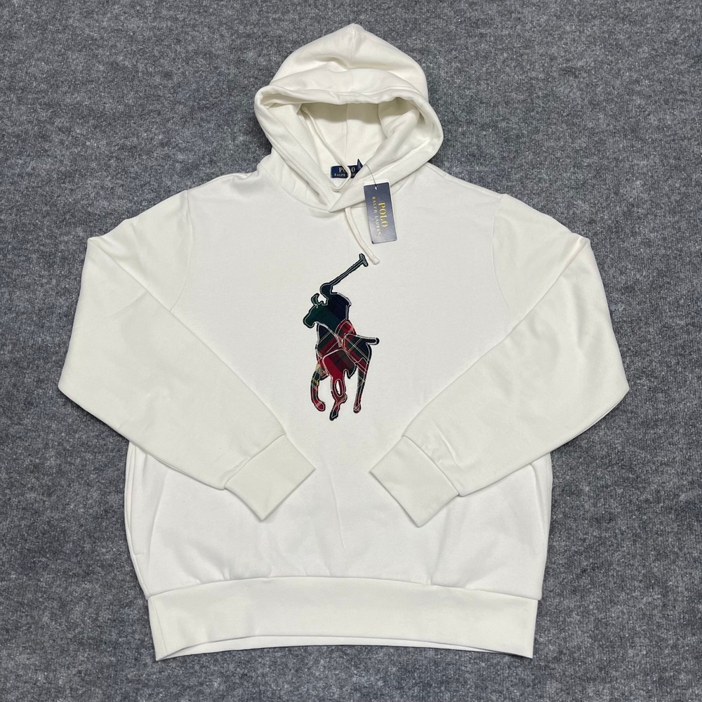 Polo Ralph Lauren Hoodie Mens Large White Big Pony The RI Fleece Plaid Patchwork